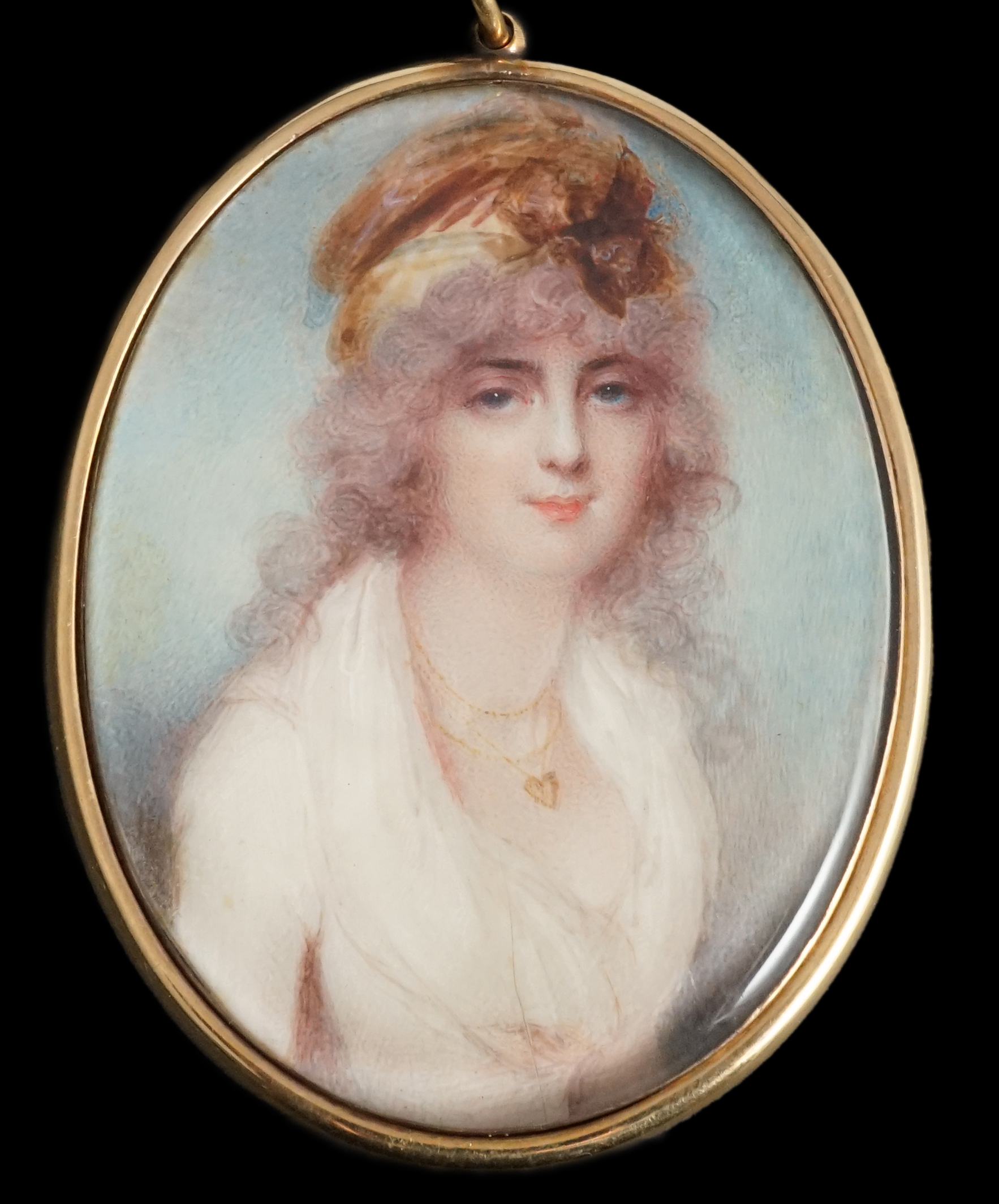 Mrs Anne Mee, née Foldsone (British, 1775-1851), Portrait miniature of a lady wearing a white dress and gold chain with a heart shaped locket, watercolour on ivory, 7.6 x 5.8cm. CITES Submission reference HQJ8KNQ9